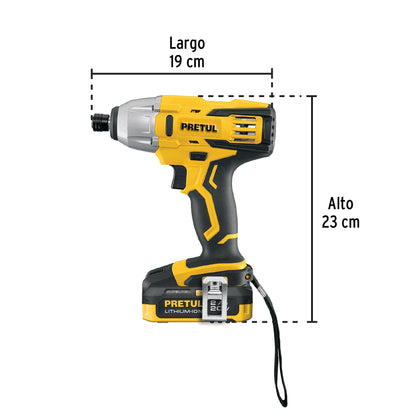 Destornillador de impacto 1/4”, 20 V, 1 batería 2 Ah, PRETUL