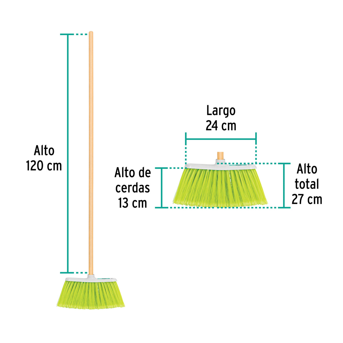 Escoba mediana tipo cepillo, cerdas de PVC, bastón de madera, KLINTEK