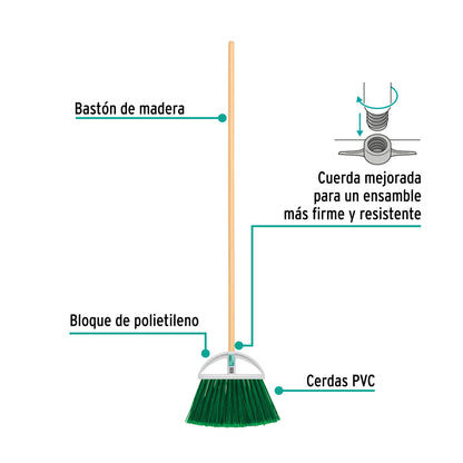 Escoba grande tipo abanico, cerdas de PVC, bastón de madera