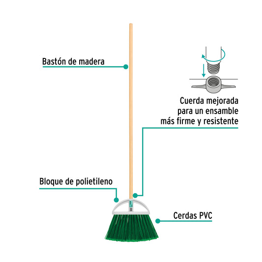 Escoba grande tipo abanico, cerdas de PVC, bastón de madera, KLINTEK