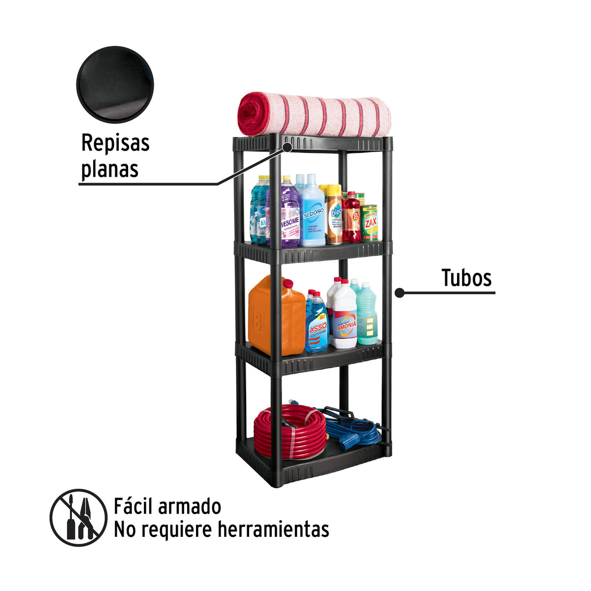 Estante plástico 4 repisas, capacidad 27 kg, 56 x 36 x 123 cm, PRETUL