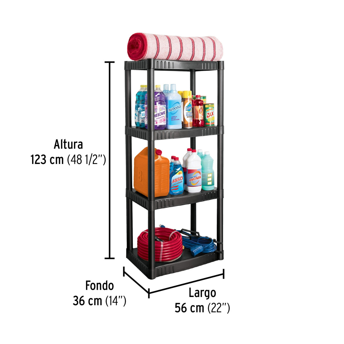 Estante plástico 4 repisas, capacidad 27 kg, 56 x 36 x 123 cm, PRETUL