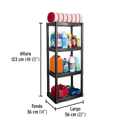Estante plástico 4 repisas, capacidad 27 kg, 56 x 36 x 123 cm, PRETUL