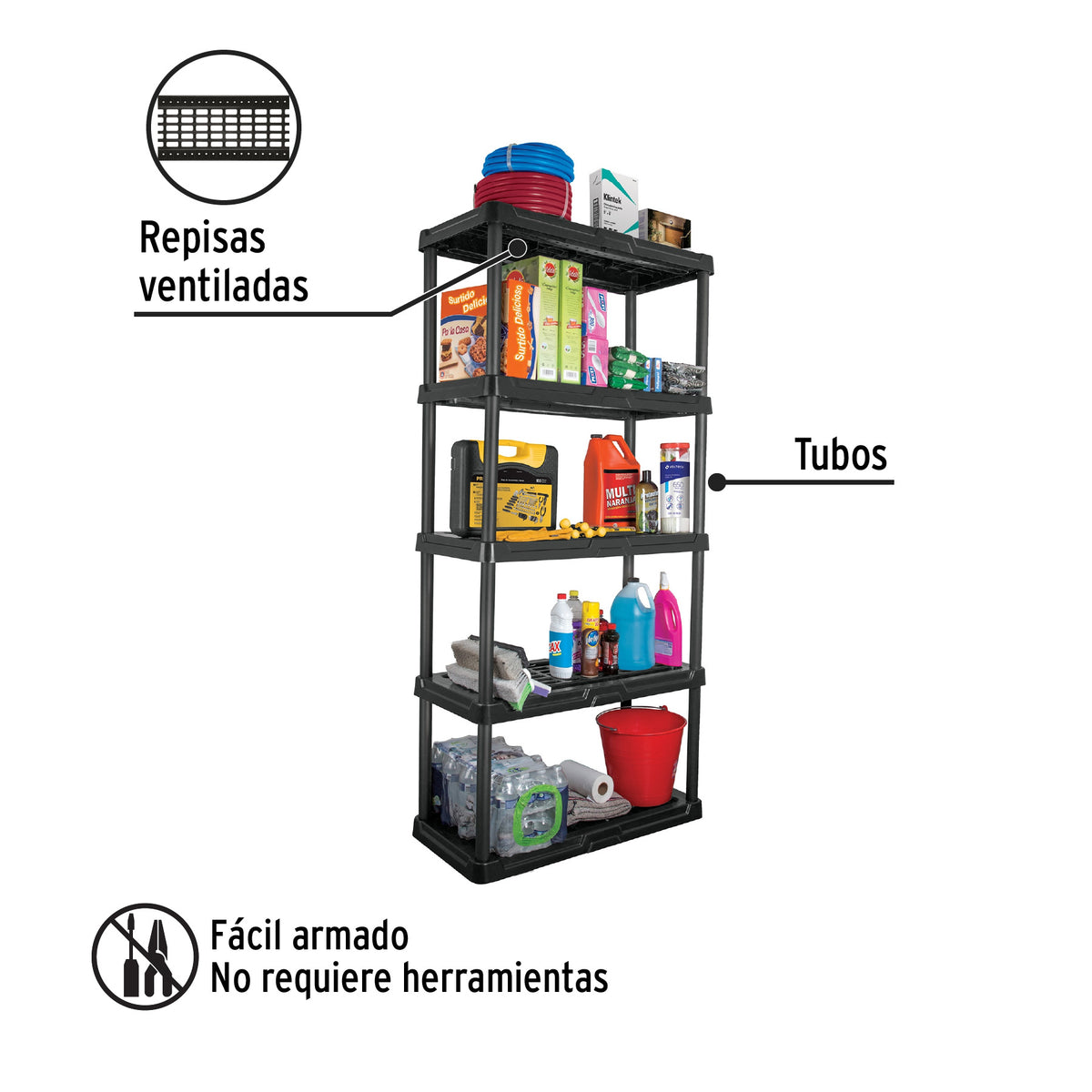 Estante plástico 5 repisas, capacidad 35 kg, 92 x 43 x 185 cm, PRETUL