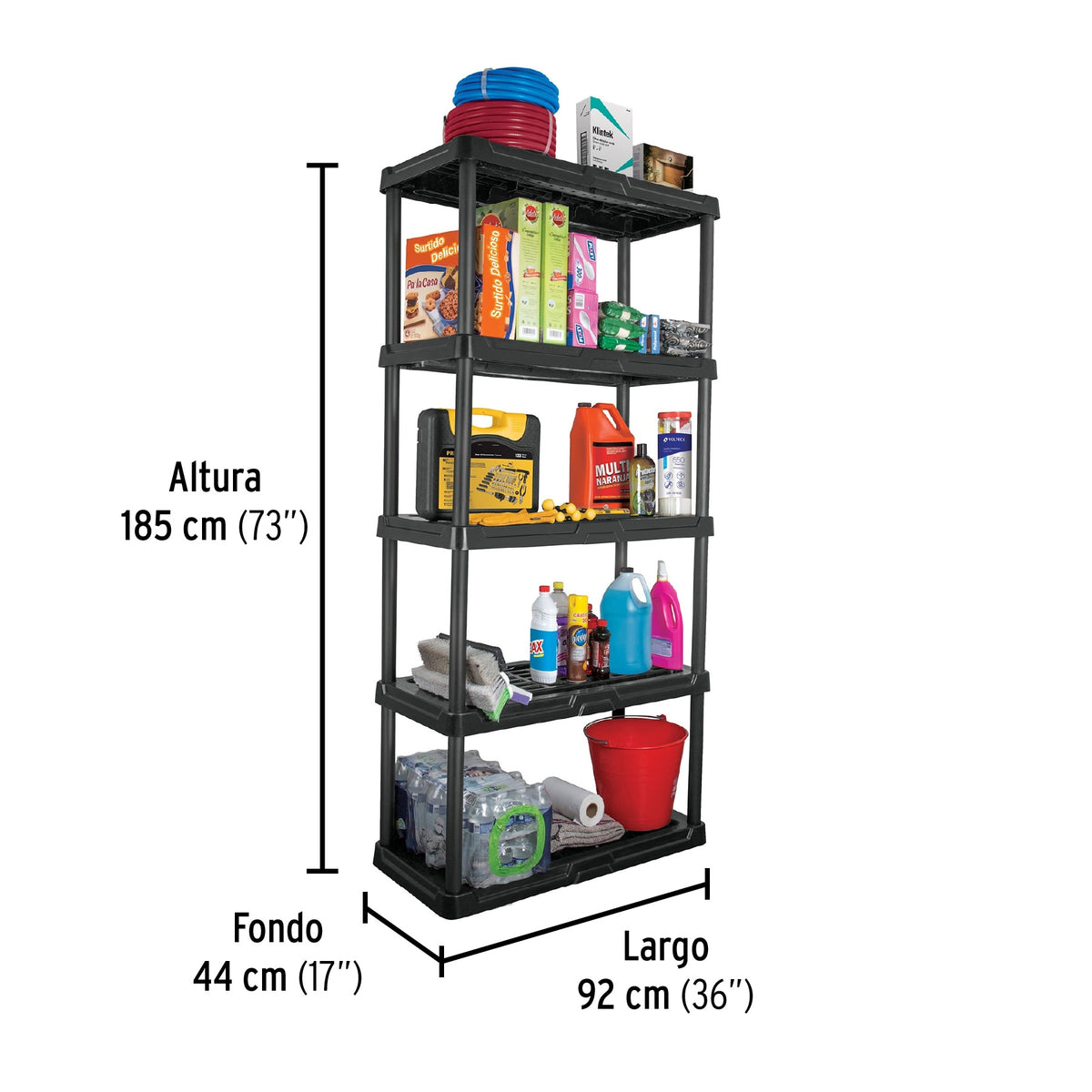 Estante plástico 5 repisas, capacidad 35 kg, 92 x 43 x 185 cm, PRETUL