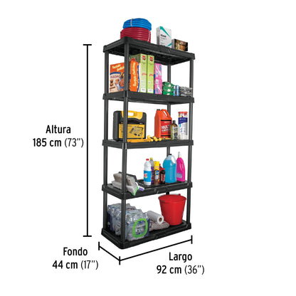 Estante plástico 5 repisas, capacidad 35 kg, 92 x 43 x 185 cm, PRETUL