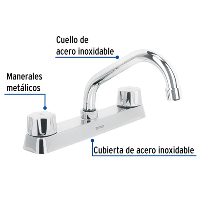 Mezcladora 8” fregadero cromo, cuello corto, hexagonal, BASIC