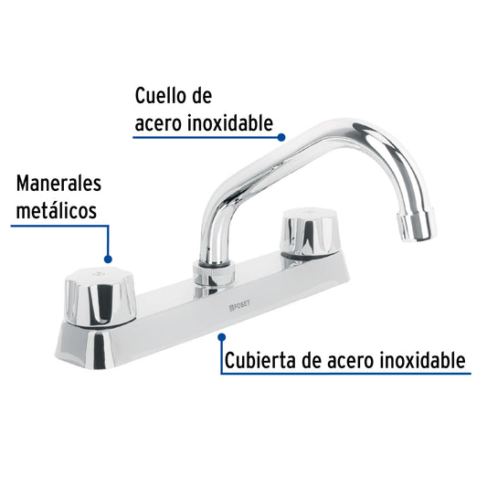 Mezcladora 8” fregadero cromo, cuello corto, hexagonal, BASIC