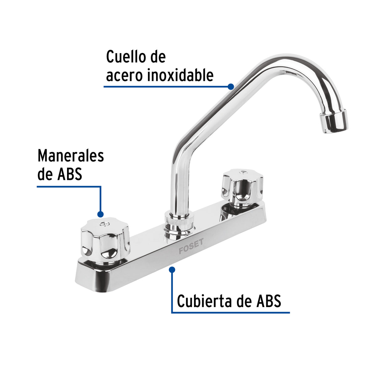 Mezcladora 8” fregadero, ABS, cuello corto, hexagonal, BASIC
