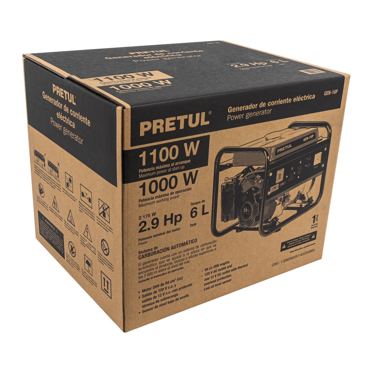 Generador portátil 1 kW, motor a gasolina, PRETUL