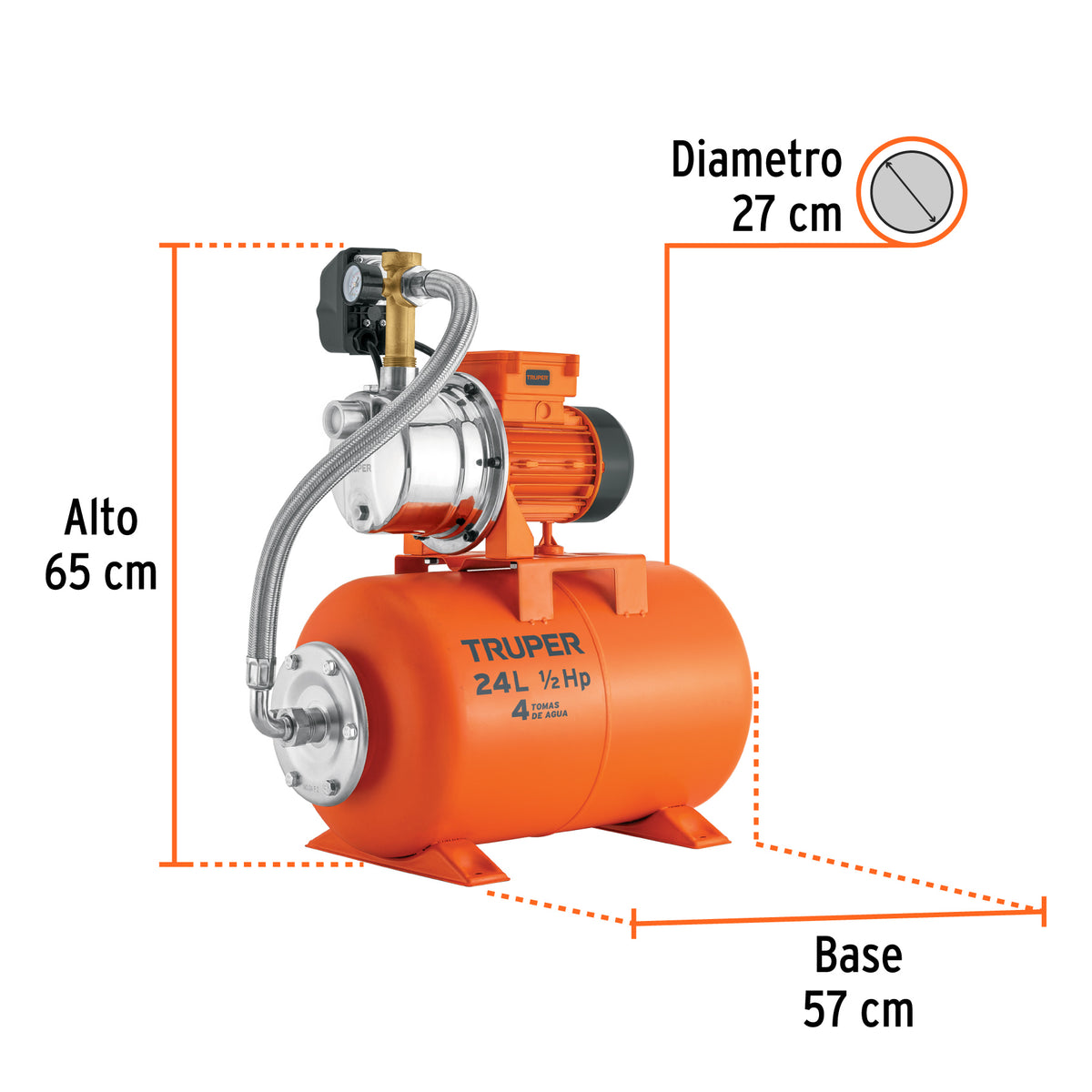 Equipo hidroneumático 24 L, jet inoxidable 1/2 HP