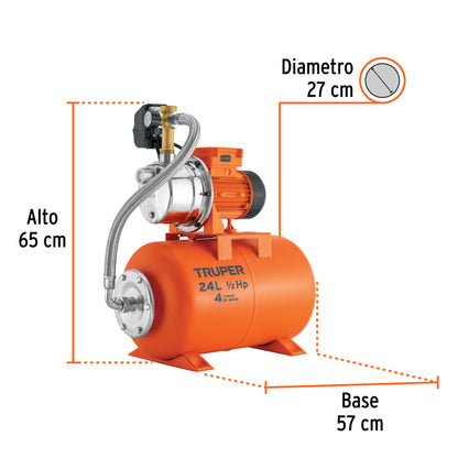 Equipo hidroneumático 24 L, jet inoxidable 1/2 HP