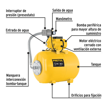 Equipo hidroneumático 50 L, bomba periférica 1/2 HP, PRETUL