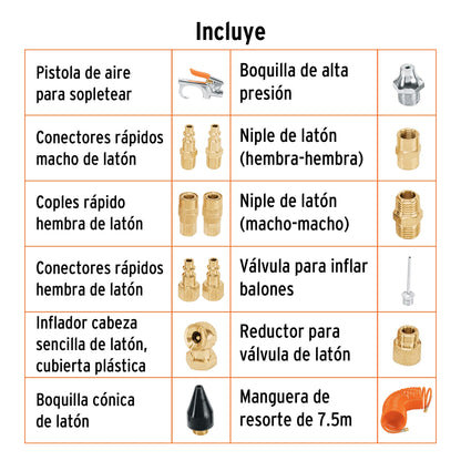 Juego de 15 accesorios neumáticos, cuerda 1/4” NPT