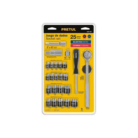 Juego de 25 herramientas 1/4” y 3/8” para mecánico, PRETUL