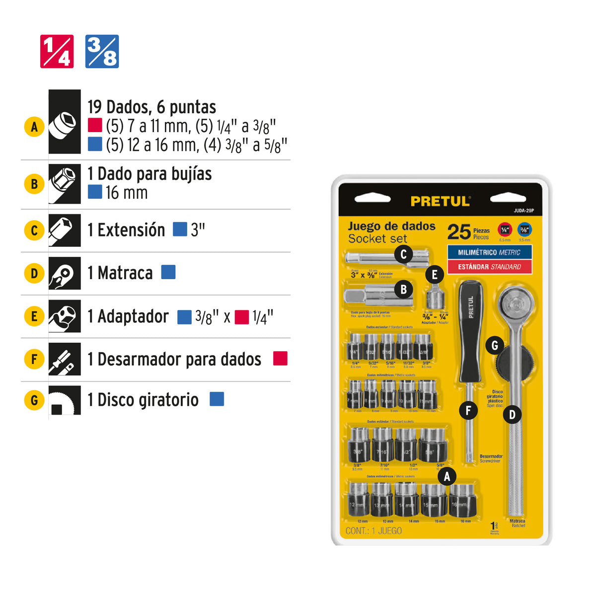 Juego de 25 herramientas 1/4” y 3/8” para mecánico, PRETUL
