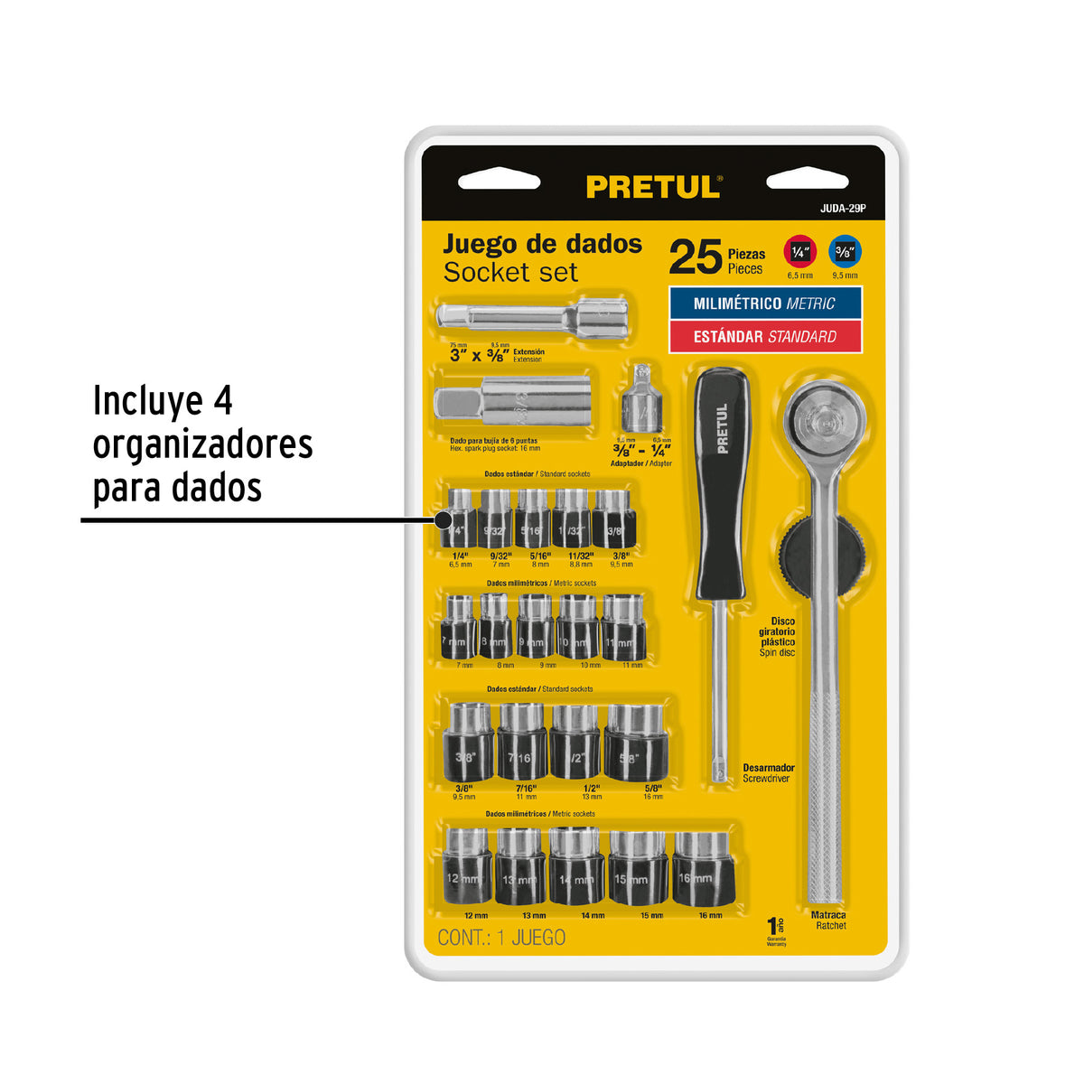 Juego de 25 herramientas 1/4” y 3/8” para mecánico, PRETUL