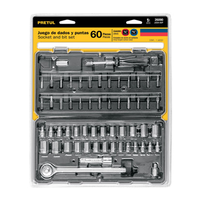 Juego de 60 herramientas 1/4” y 3/8” para mecánico, PRETUL