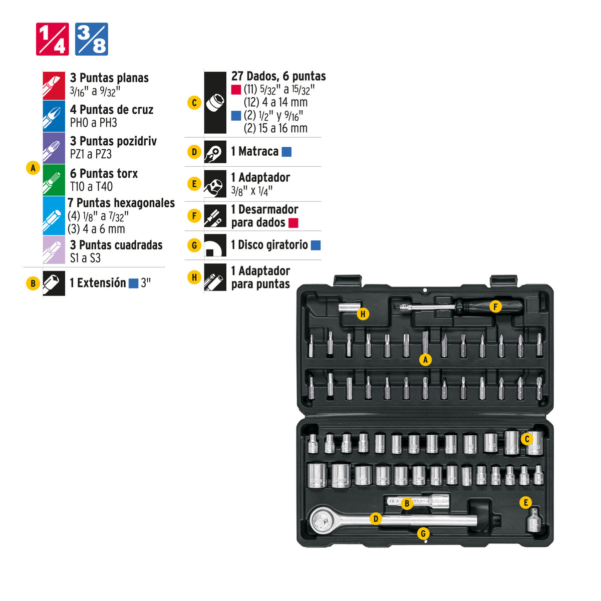 Juego de 60 herramientas 1/4” y 3/8” para mecánico, PRETUL