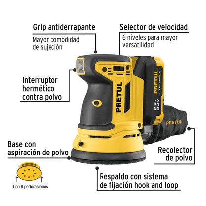 Lijadora roto-orbital 5”, 20 V, 1 batería 2 Ah, PRETUL