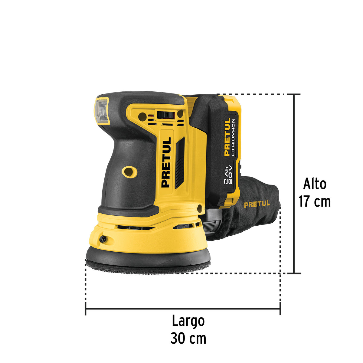 Lijadora roto-orbital 5”, 20 V, 1 batería 2 Ah, PRETUL
