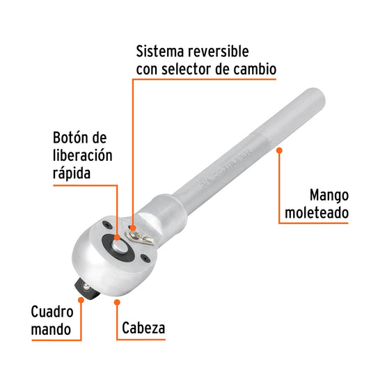 Matraca 3/4”, cabeza de pera, reversible y liberación rápida