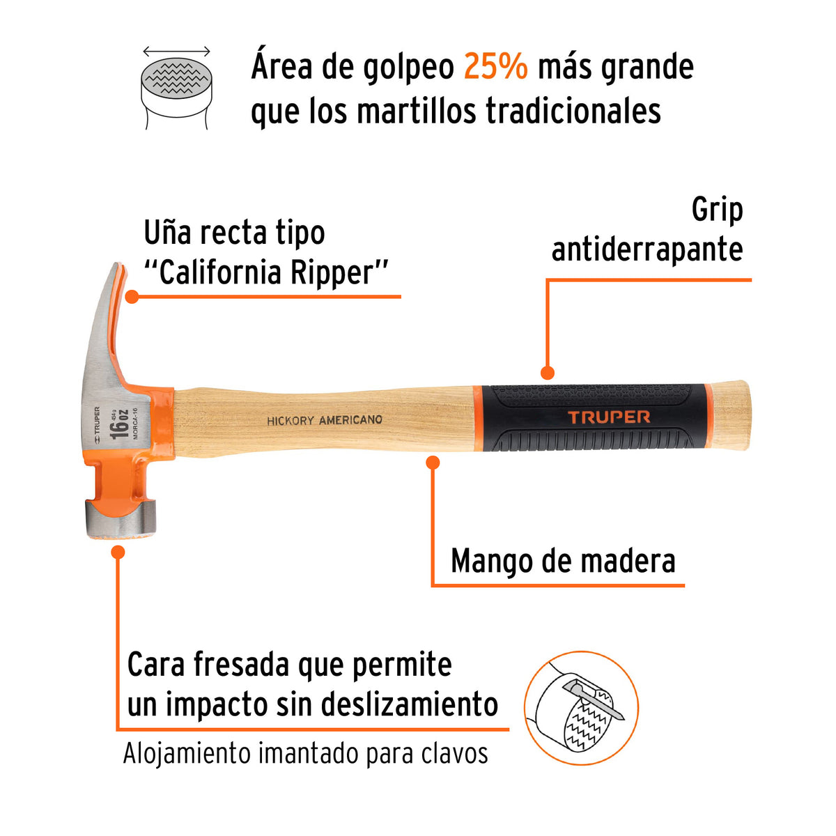 Martillo 16 oz, uña recta tipo California Ripper, Truper Grip