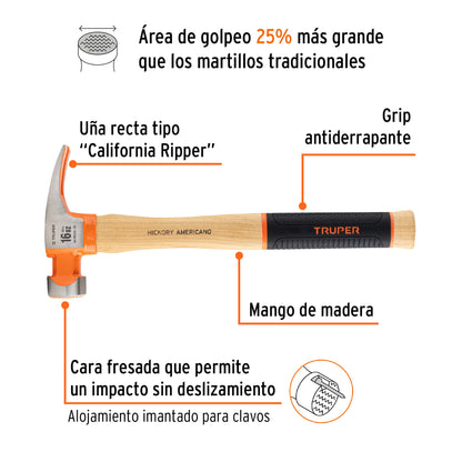 Martillo 16 oz, uña recta tipo California Ripper, Truper Grip