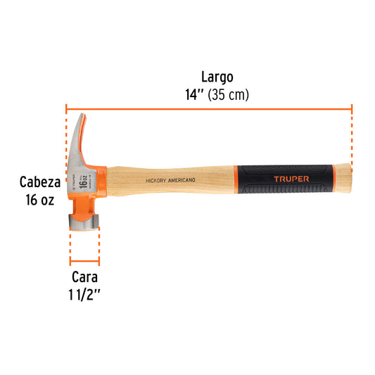 Martillo 16 oz, uña recta tipo California Ripper, Truper Grip