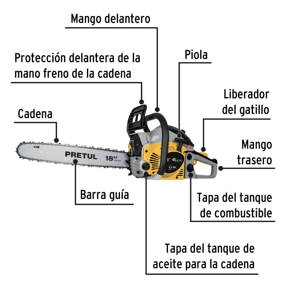Motosierra 45 cc a gasolina con barra de 18”, PRETUL