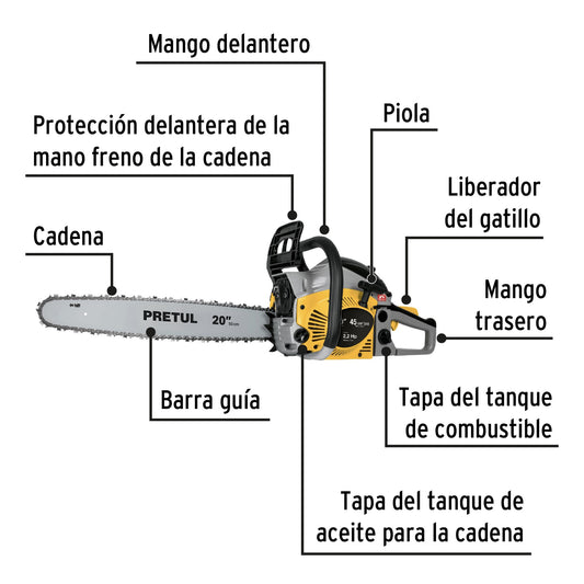 Motosierra 45 cc a gasolina con barra de 20”, PRETUL