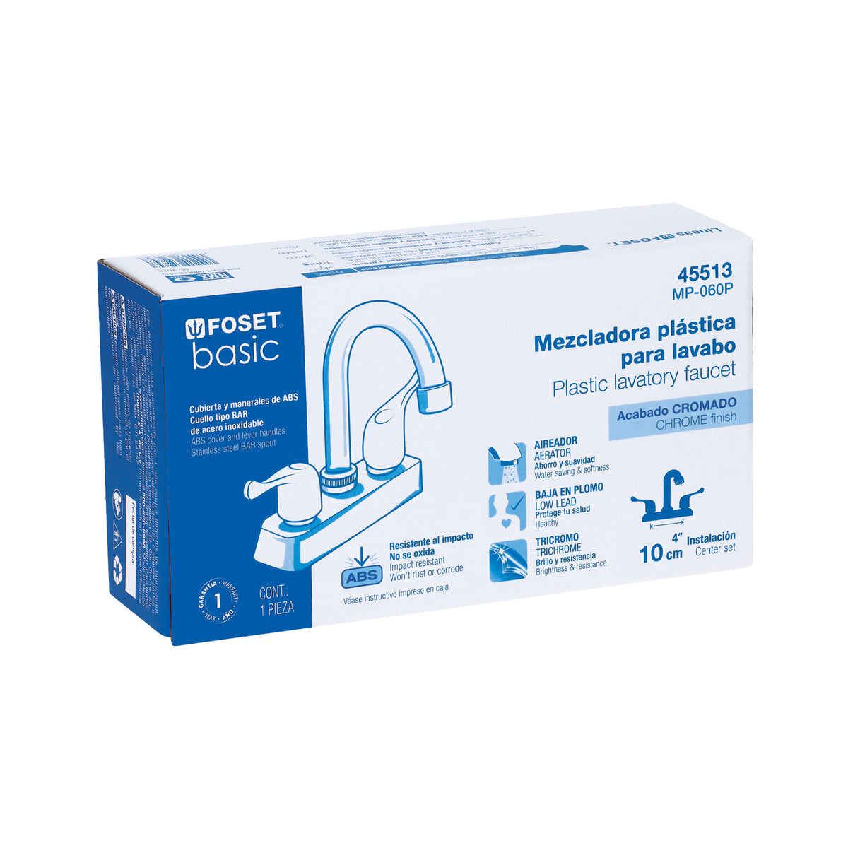 Mezcladora 4” lavabo, ABS, cuello bar, palanca, BASIC