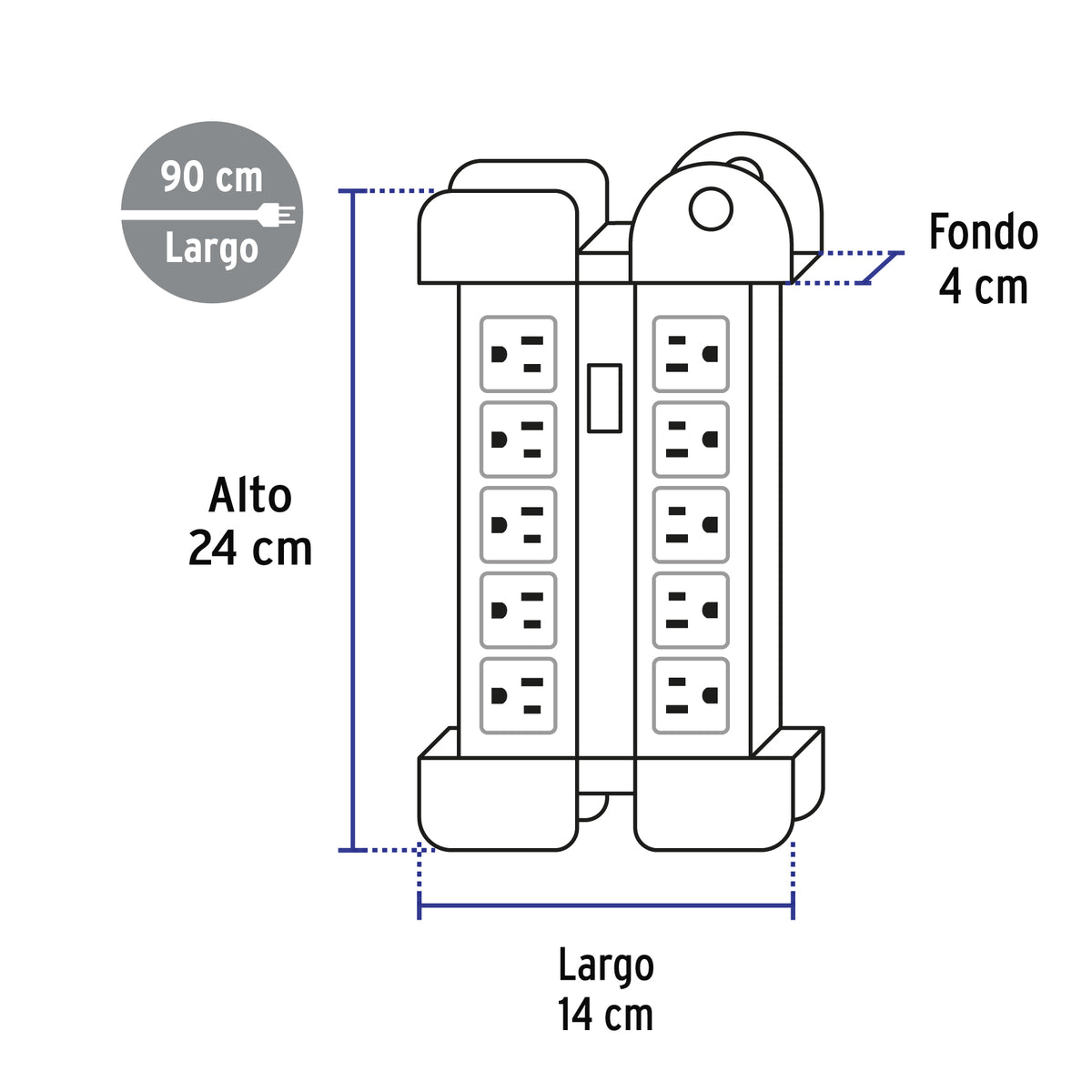 Multicontacto 14 AWG industrial, supresor de picos, 10 entradas