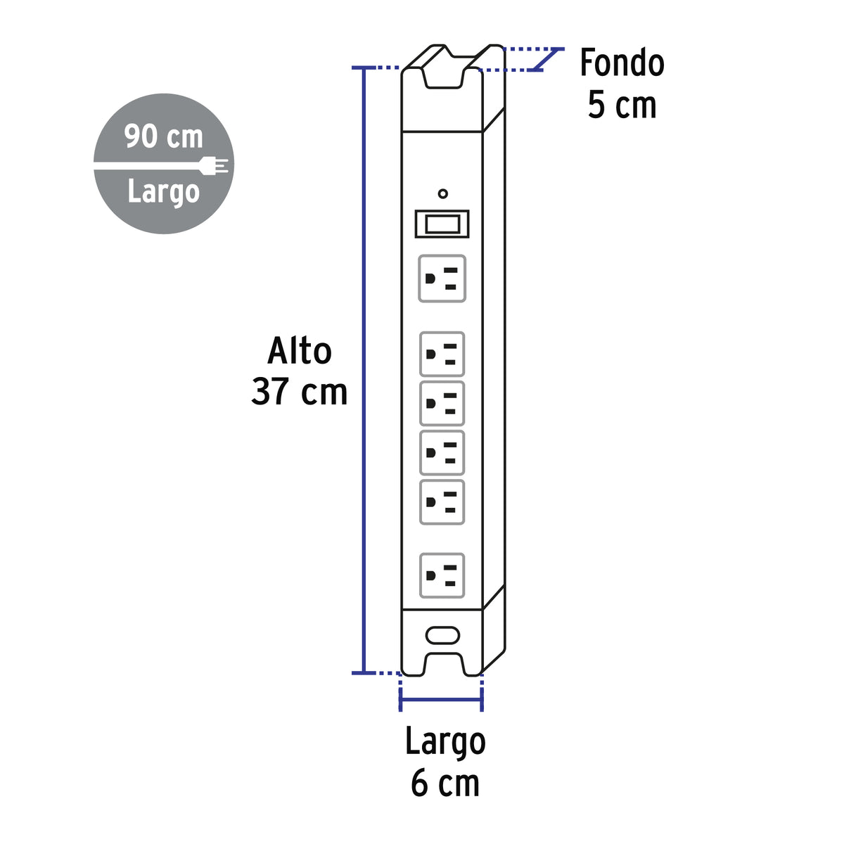 Multicontacto 14 AWG industrial, supresor de picos, 6 entradas