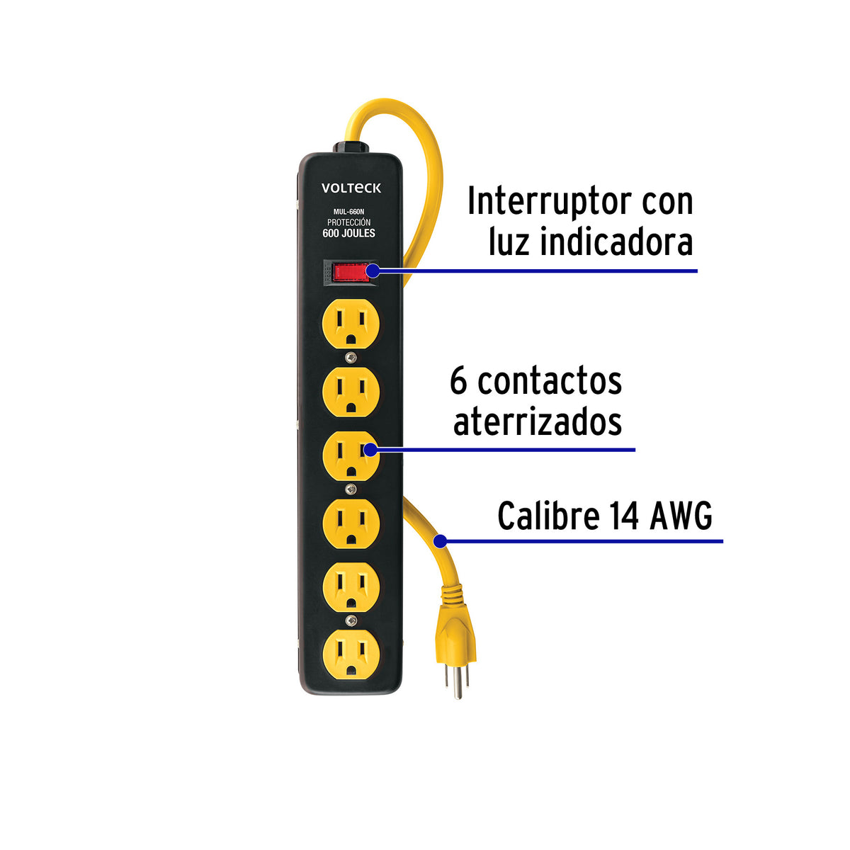 Multicontacto 14 AWG, 6 entradas, supresor de picos 600 J, negro