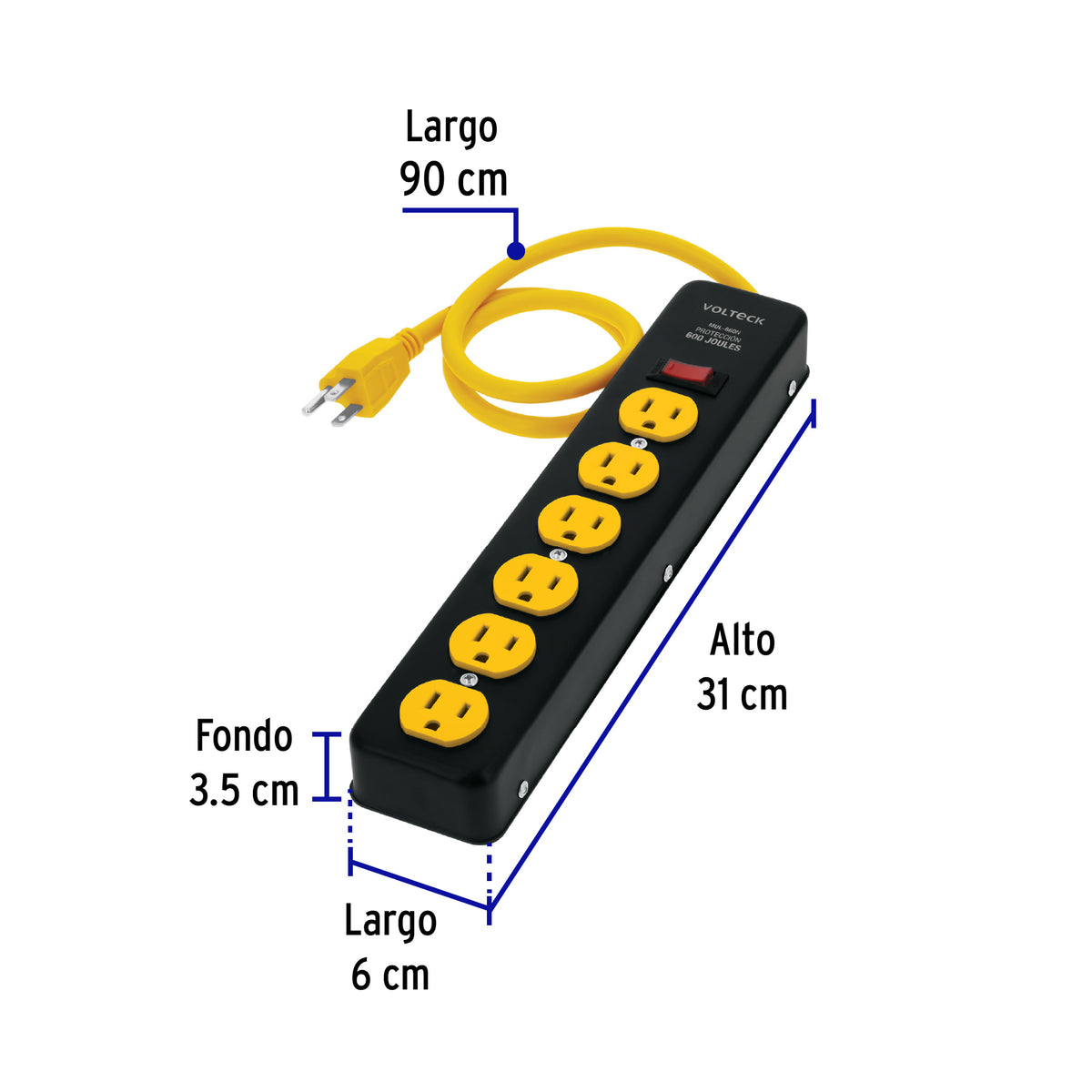 Multicontacto 14 AWG, 6 entradas, supresor de picos 600 J, negro