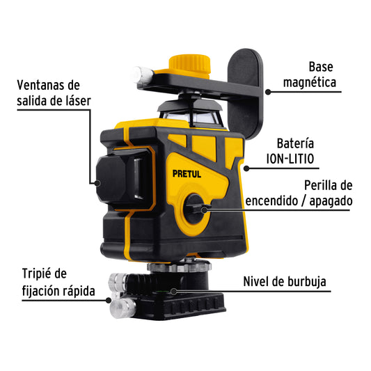Nivel láser verde, alcance 25 m, 12 líneas, recargable, PRETUL