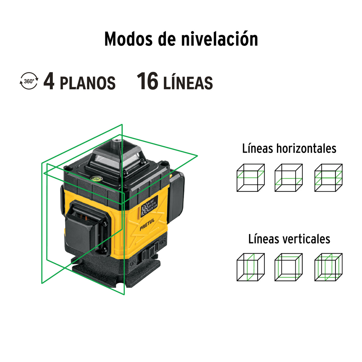 Nivel láser verde, alcance 25 m, 16 líneas, recargable, PRETUL