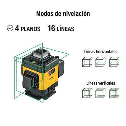 Nivel láser verde, alcance 25 m, 16 líneas, recargable, PRETUL