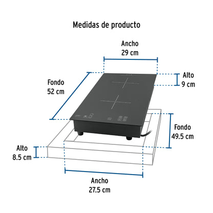 Parrilla inducción empotrable 30 cm, 2 quemadores, vidrio, RIVIERA
