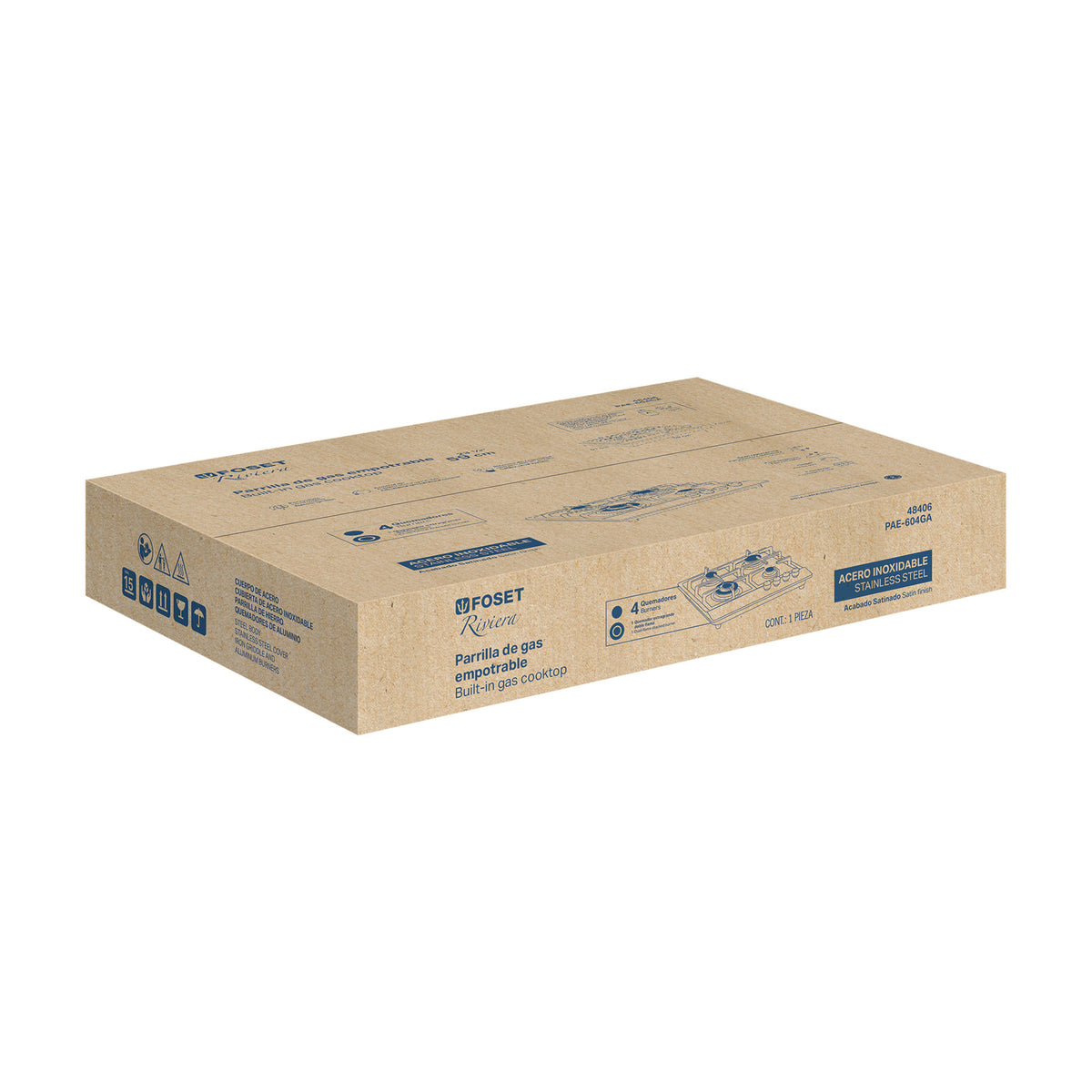 Parrilla gas empotrable 60 cm, 4 quemadores, acero inox, RIVIERA