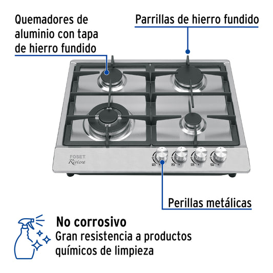 Parrilla gas empotrable 60 cm, 4 quemadores, acero inox, RIVIERA