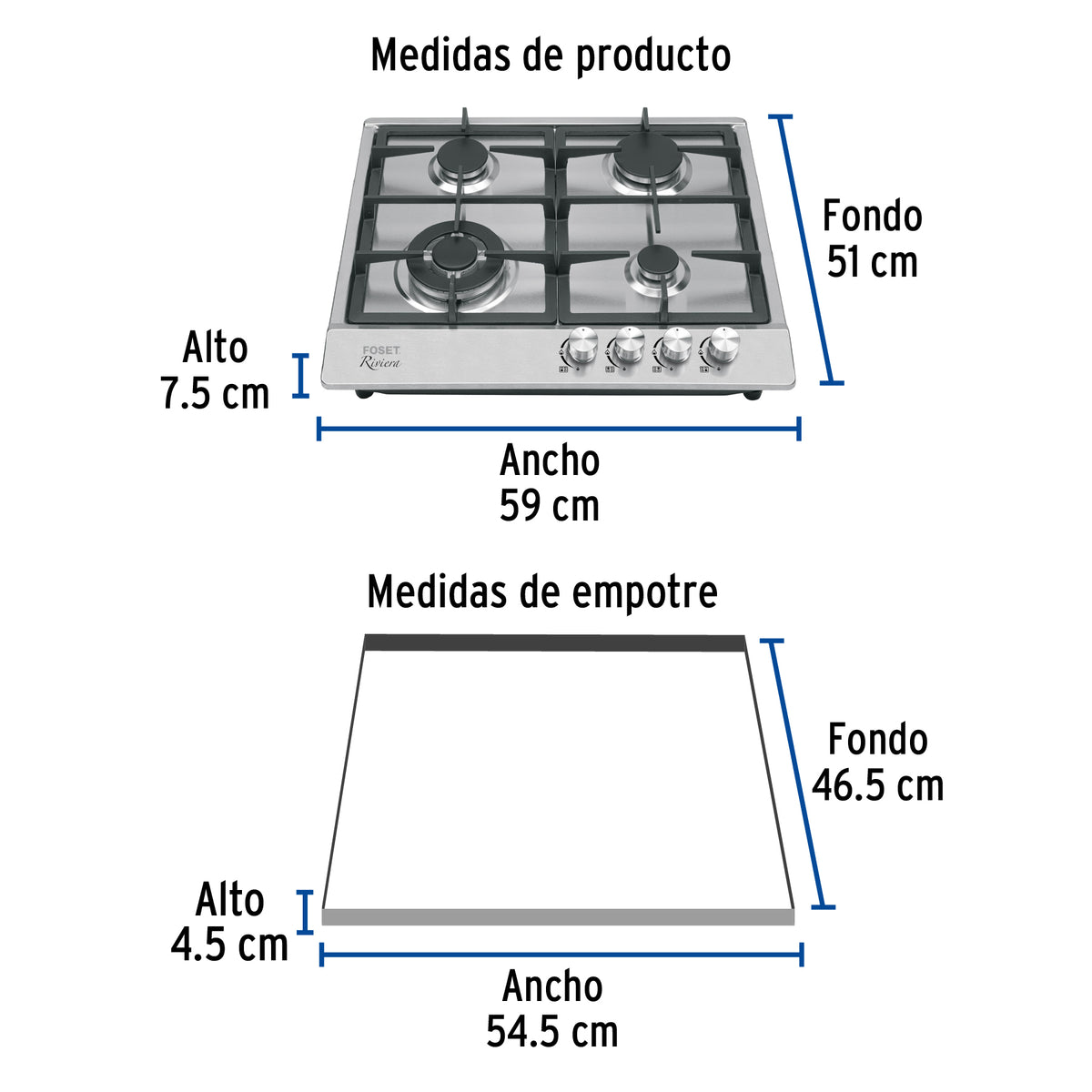 Parrilla gas empotrable 60 cm, 4 quemadores, acero inox, RIVIERA