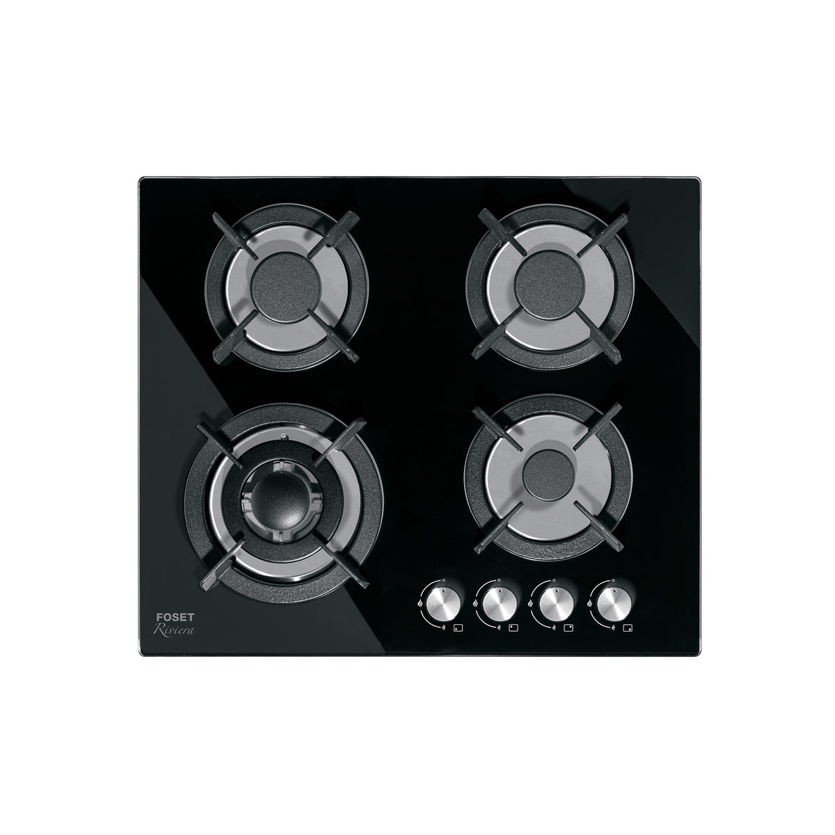 Parrilla gas empotrable 60 cm, 4 quemadores, vidrio negro, RIVIERA