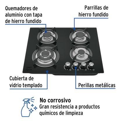 Parrilla gas empotrable 60 cm, 4 quemadores, vidrio negro, RIVIERA