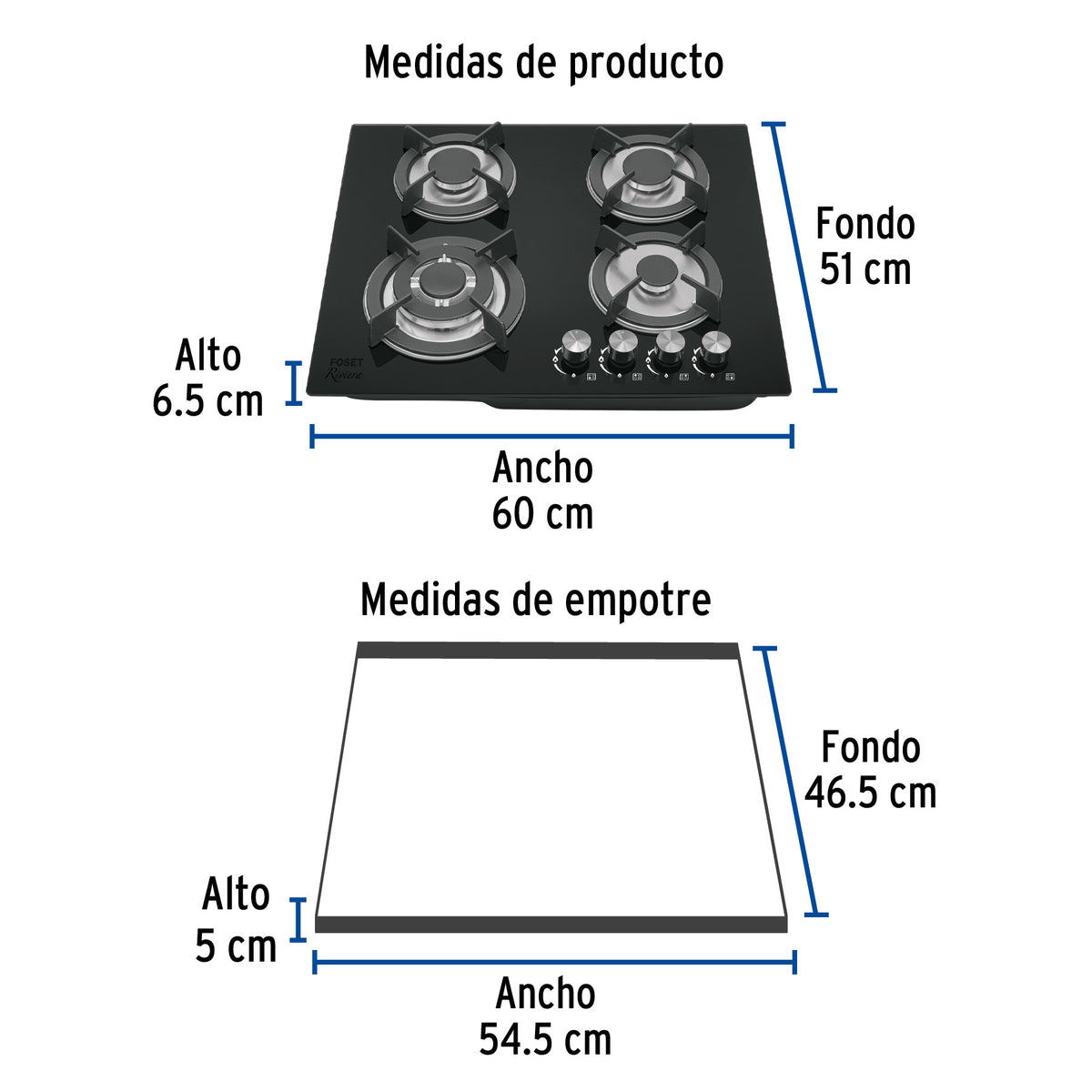 Parrilla gas empotrable 60 cm, 4 quemadores, vidrio negro, RIVIERA