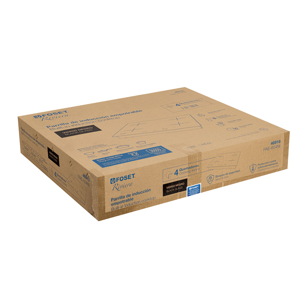 Parrilla inducción empotrable 60 cm, 4 quemadores, vidrio, RIVIERA