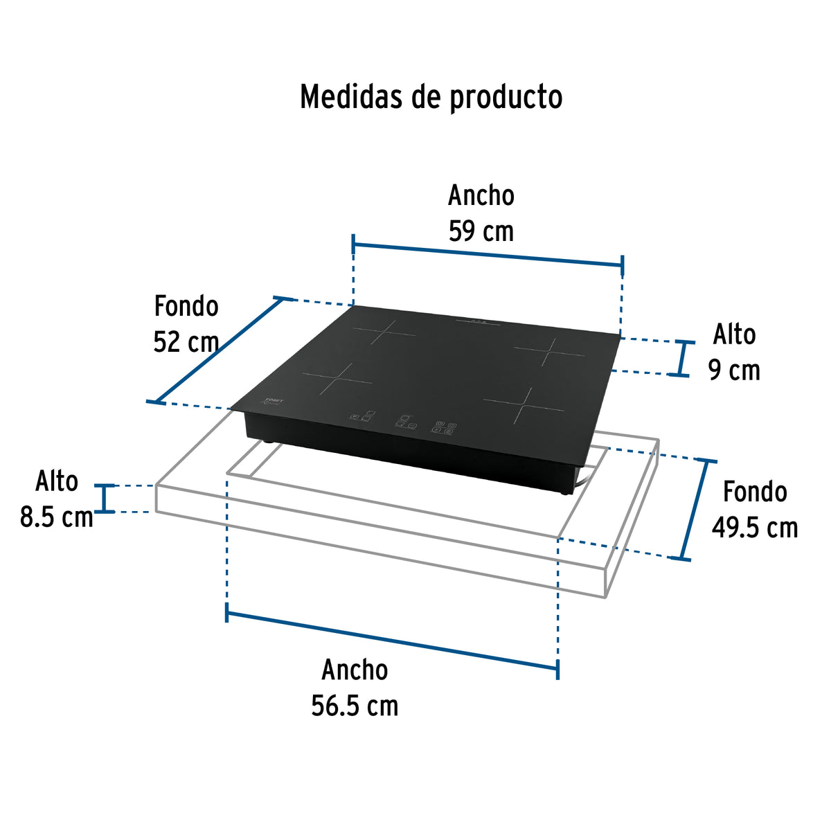 Parrilla inducción empotrable 60 cm, 4 quemadores, vidrio, RIVIERA