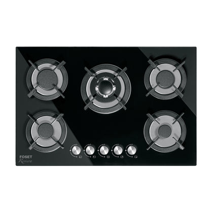 Parrilla gas empotrable 75 cm, 5 quemadores, vidrio negro, RIVIERA