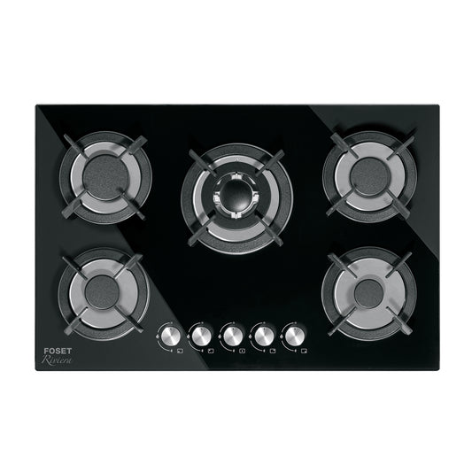 Parrilla gas empotrable 75 cm, 5 quemadores, vidrio negro, RIVIERA